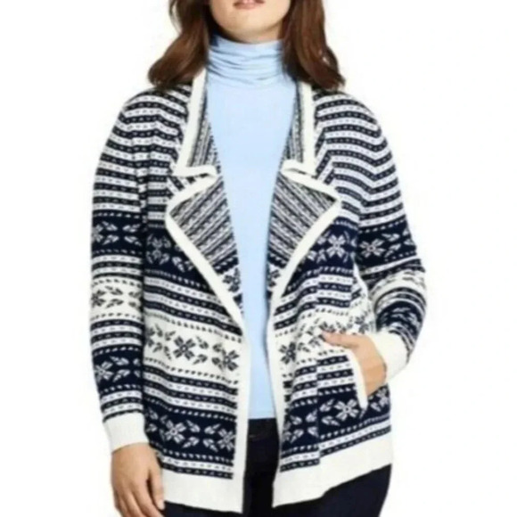 Lands' End Womens Fair Isle Pockets Open Cardigan Sweater Sz Medium White FA GDD - Picture 1 of 10